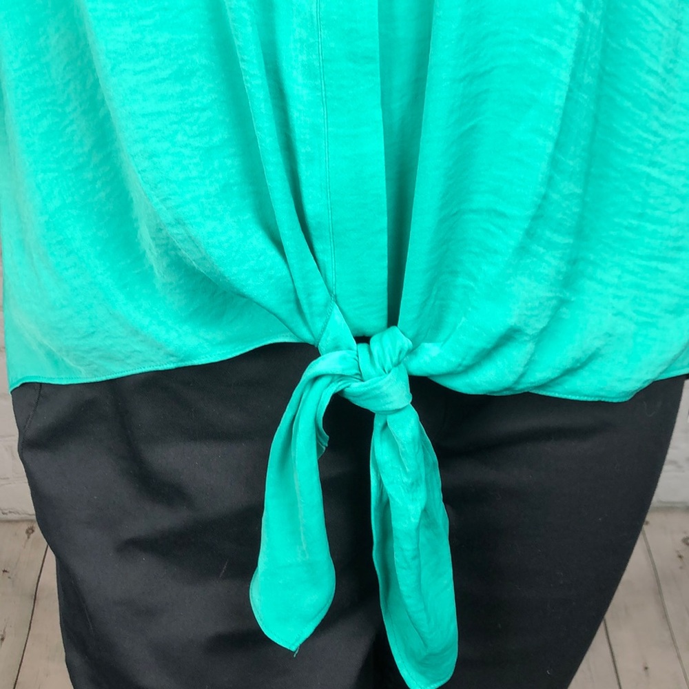 Alfani Silky Green Button Down Tie Front Top - Picture 6 of 7